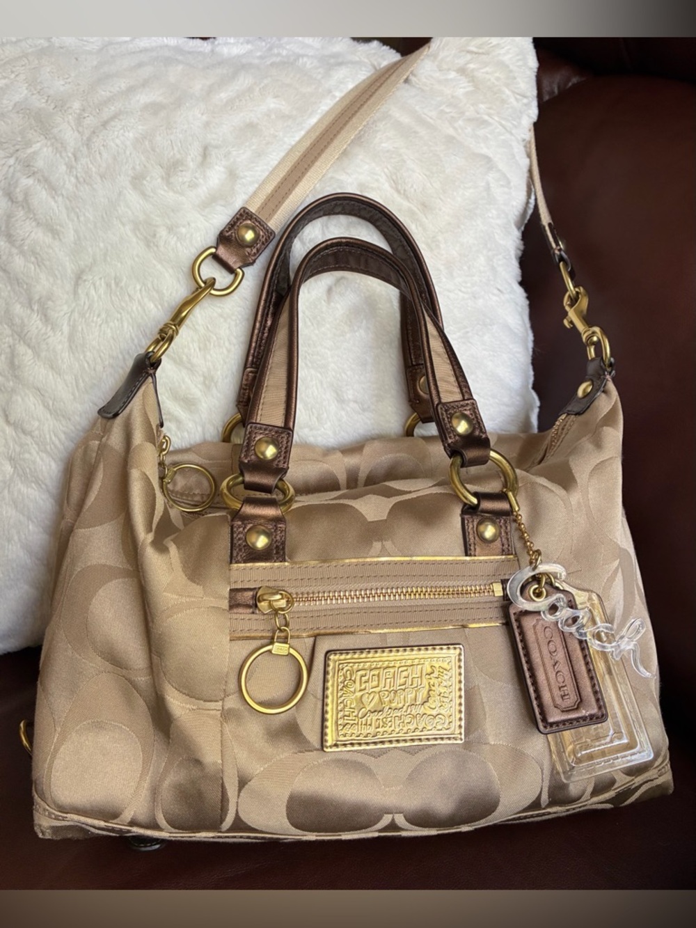 Coach “Poppy” Tan and Brown Signature Convertible Satchel - Picture 2 of 14